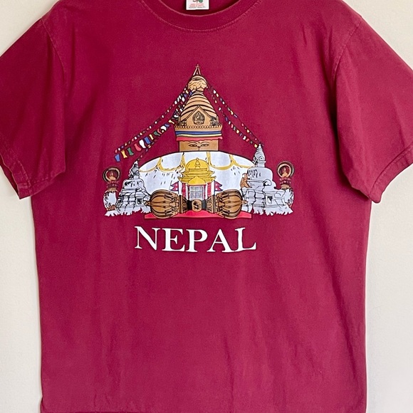 Nepal Buddha Stupa Graphic Burgundy T Shirt Adult size Large - Picture 3 of 9